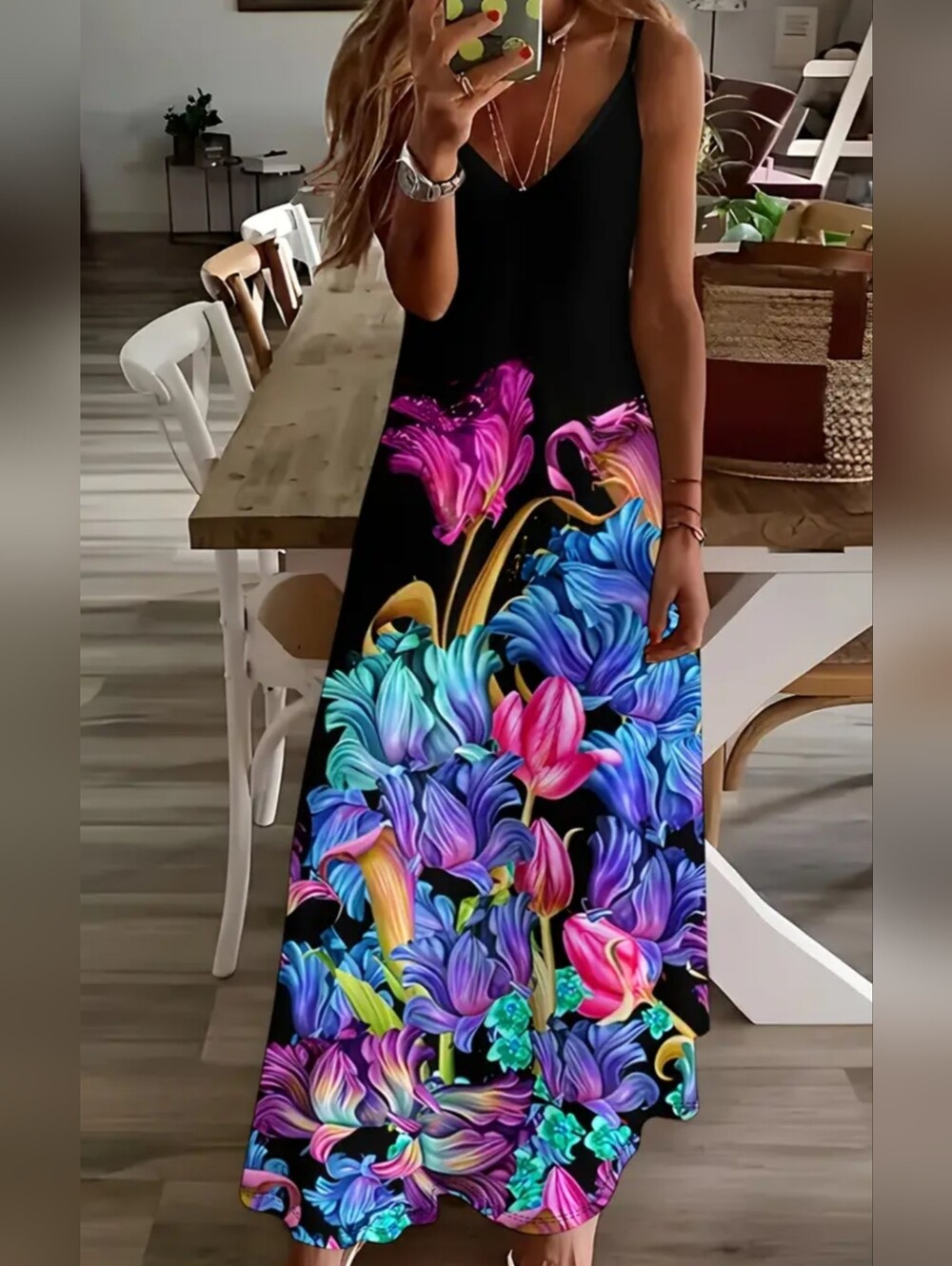 Black Floral V-Neck Maxi Dress with Vibrant Multicolor Bloom